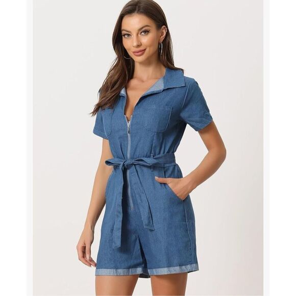 NEW Denim Romper Zip Up Casual Jumpsuit Pockets 3X NO BELT - Picture 2 of 5